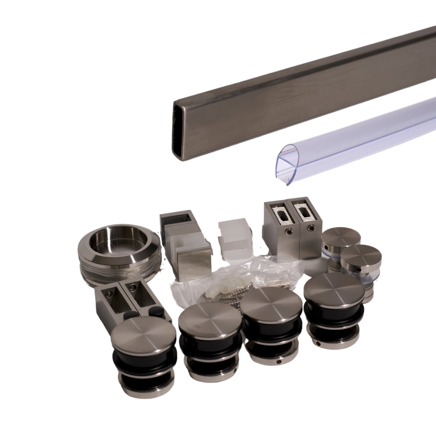 Brushed Nickel Square Bar Sliding Door System. Serenity Kit