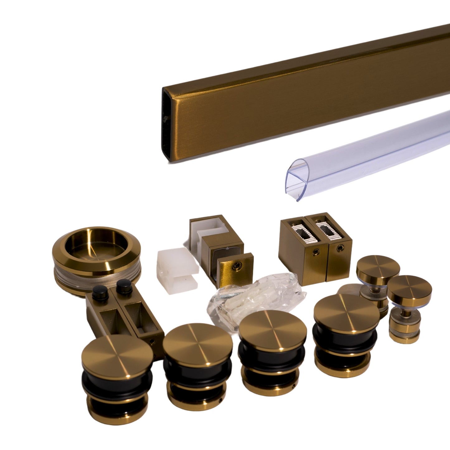 Satin Gold Square Bar Sliding Door System. Serenity Kit